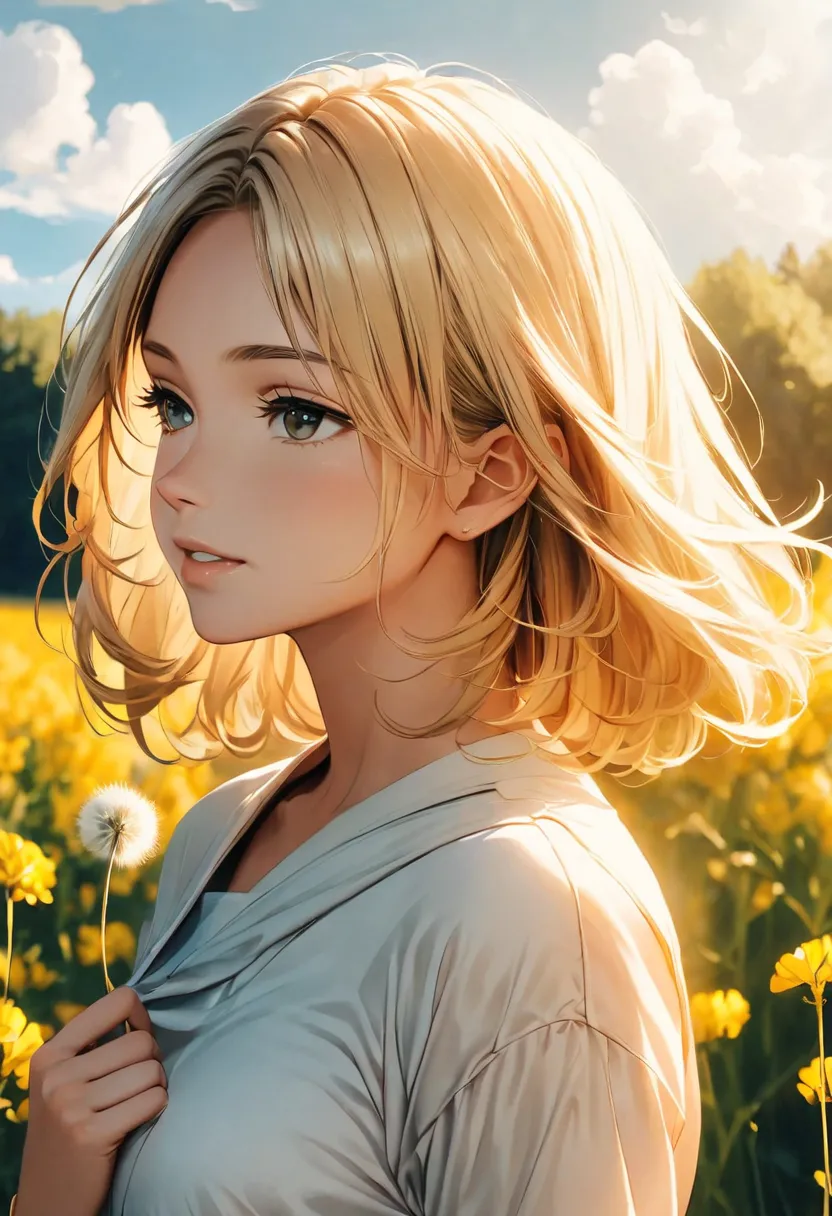 a young girl standing in the middle of a vast field of vibrant yellow rapeseed flowers, holding a dandelion seed head, pursing her lips as she gently blows the seeds into the air, soft spring breeze carrying the delicate white fluff, warm golden sunlight i...