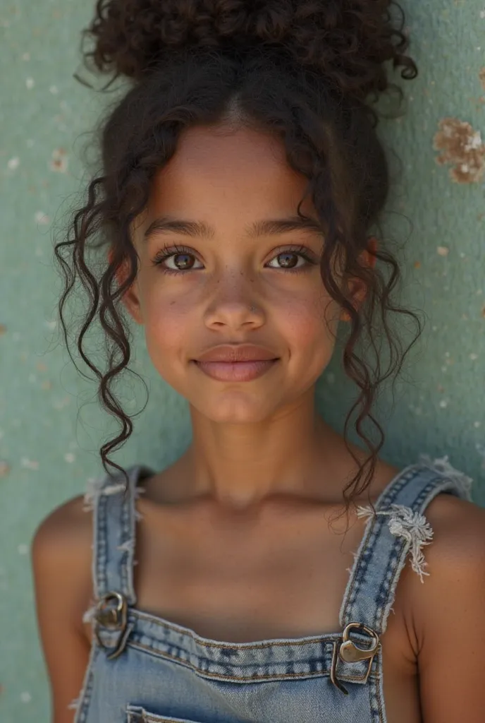 Une adolescente métisse avec les cheveux noirs bouclés (curly) attachés en chignon quelques tout petits boutons sur le visage et un petit nez de taille moyenne avec un croc top des gros seins et un jean déchiré dans un style très réaliste 