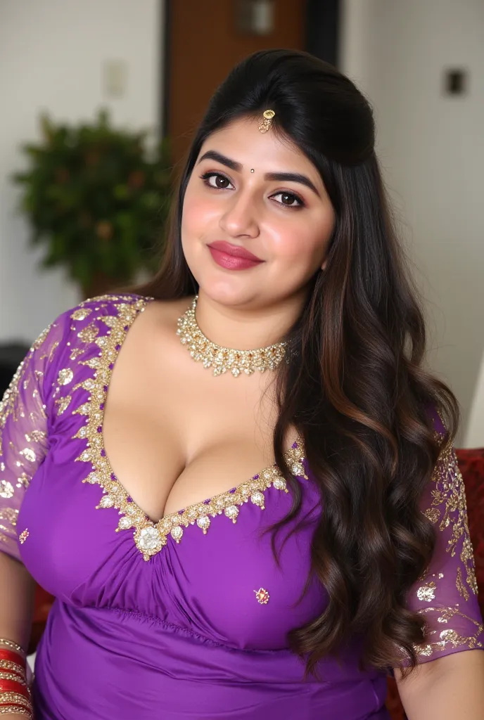 Indian beautiful woman sexy bhabhi with oily sweaty shiny detailed sparking wet skin, Red bindi on forehead,Heavy bridal makeup,very deep cleavage,curvy plus size model, wearing purple night gown, Plenty red and white shiny bangles in both hands,bindi on f...