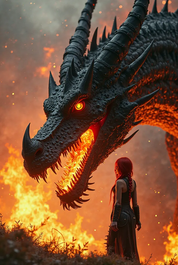 A Close Portrait of  A Big Magestic Perfect Form Dragon with Metalic Black and Orange  colour, Fearless with big Black Spikes ,His Big Mouth with Big Sharp Teeth  Open Wide and Breathes Out a Big Fire from His Mouth the Fire Transition Morphed  into a  Bea...