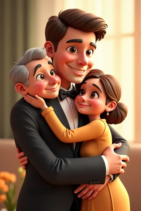  30-Year-Old Men's , brown hair and eyes, elegant signature suit, embracing their father and mother, both 60 years old happily. Images in pixer drawings 3d cartoon