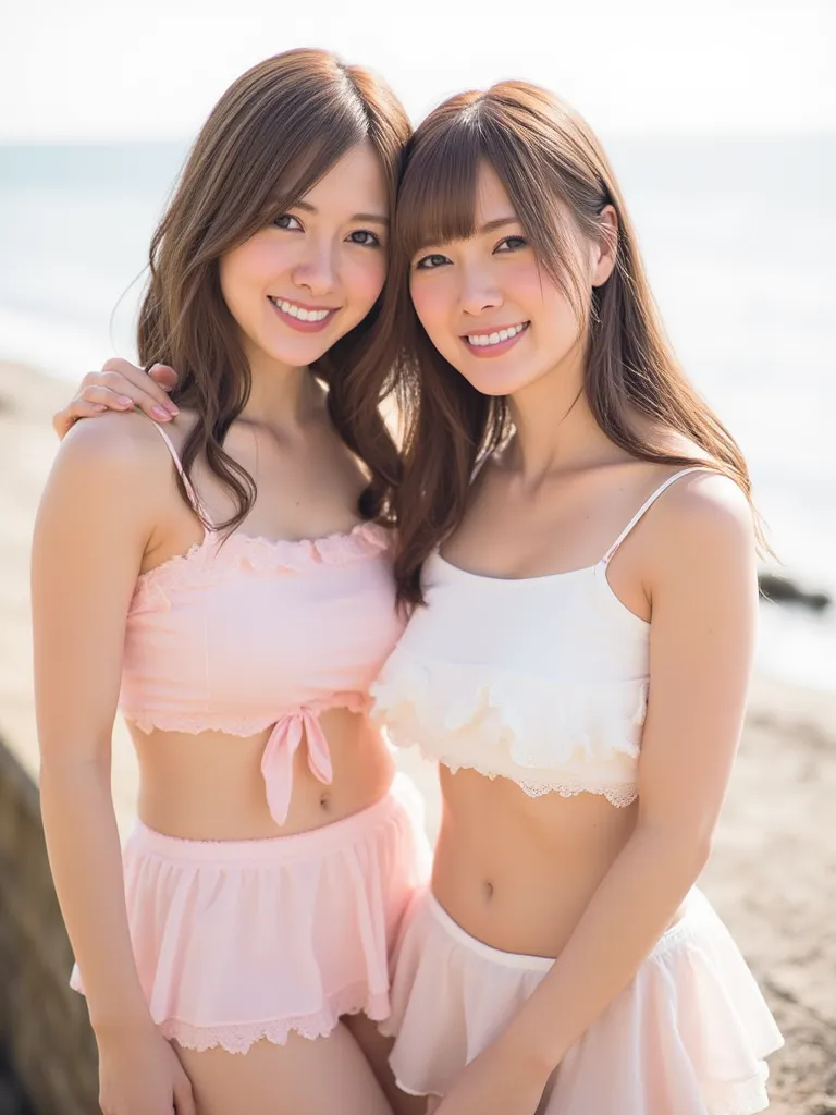 2 girls、  twins 、 looks just like my face 、白の Frilled Bikinis、  Frilled Bikinis 、Big Breasts、camera, Brainstorming,    , hugging each other , eyes,、I apply a little pink lipstick around my forehead、 As a   、Seaside、Makeup looks natural  、 with a lightly wa...