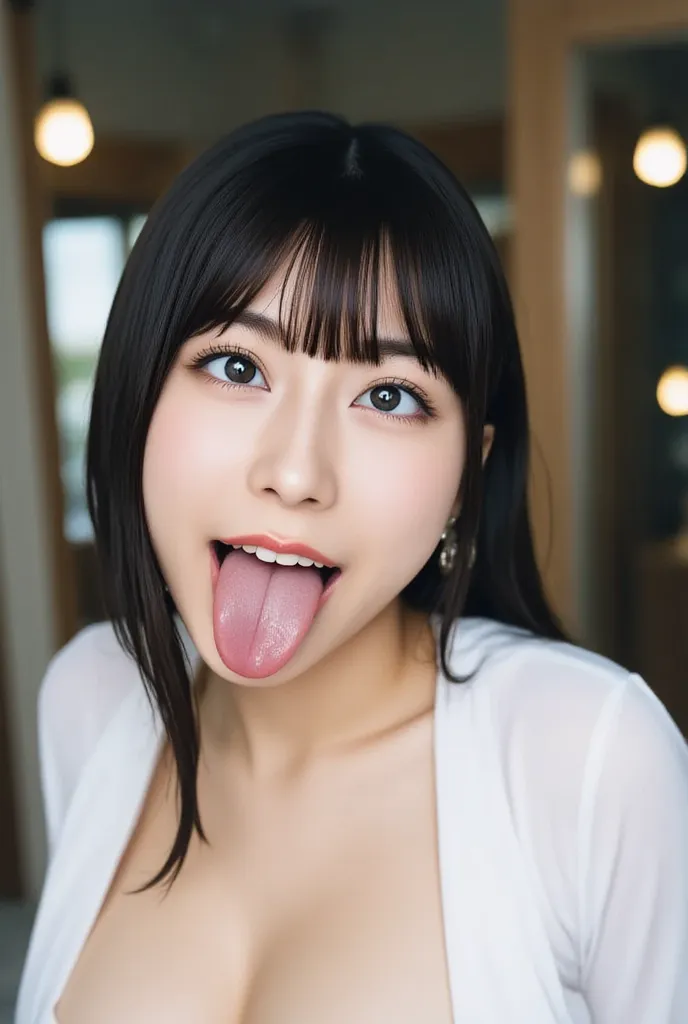 Tongue full of saliva just fine，imperceptible 32k 8k Ultra HD masterpiece,  Make-up face ,   realistic eyes, High brightness, True eyes,  big eyes , Just like in the photo ,   Focus on face  , Smile, shows wet tongue, shows wet tongue, Akambi, Beautiful To...