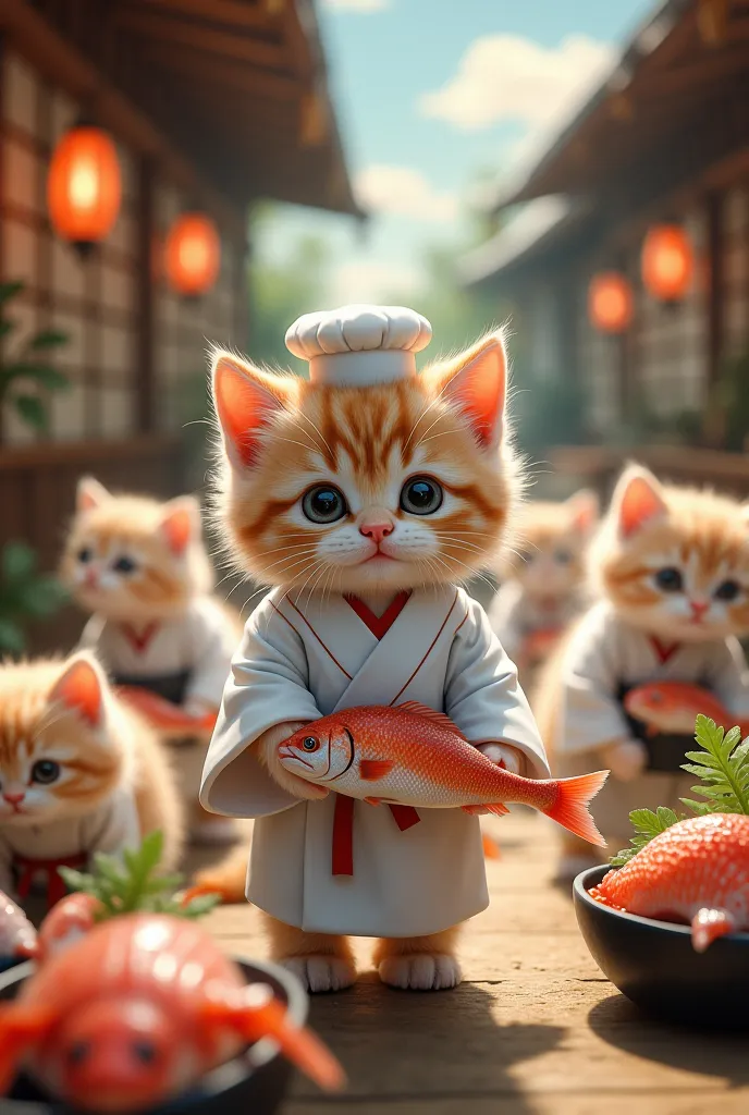 A picture of a realistic kitten dressed as a sushi restaurant. Kittens are carrying fish. 、The kitten is wearing white Japanese clothes、、  cute kitty, ,  、、  background  "