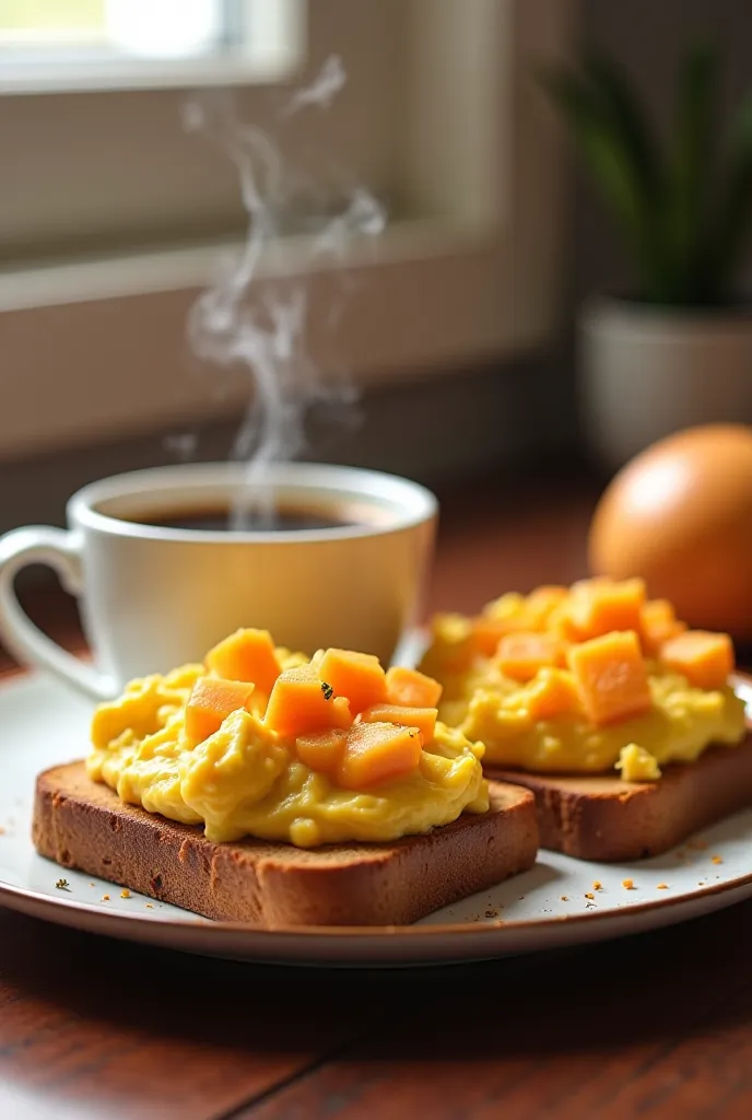 A cup of coffee, Bread with scrambled eggs and minced papaya 