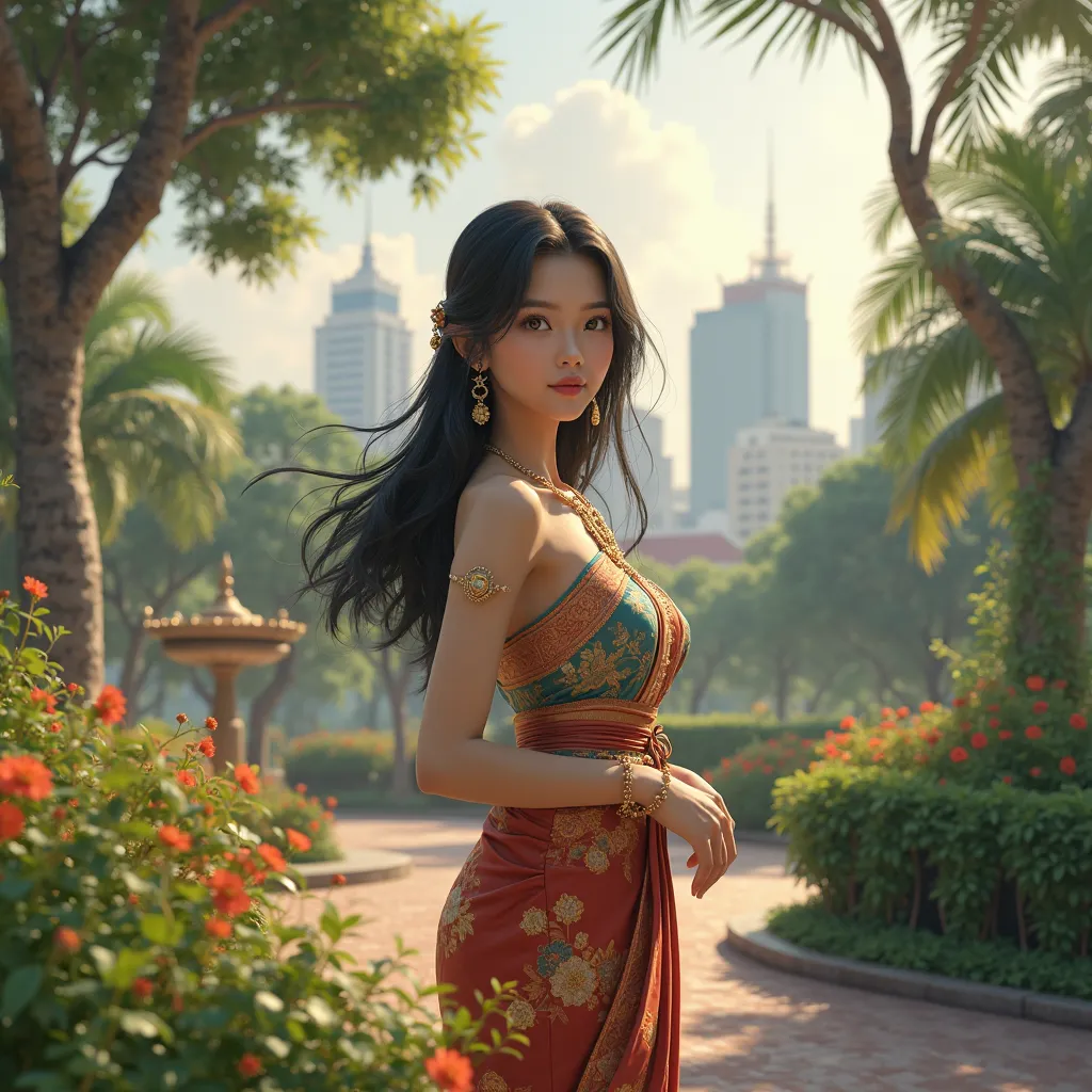 realistic thai woman with park in bangkok