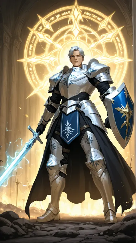 "A noble male paladin named Sir Alric Dawnshield, a devoted knight who upholds his sacred oath to protect the innocent and vanquish darkness. Blessed by divine light, he stands as an unyielding bastion of justice, wielding holy power to cleanse evil and br...