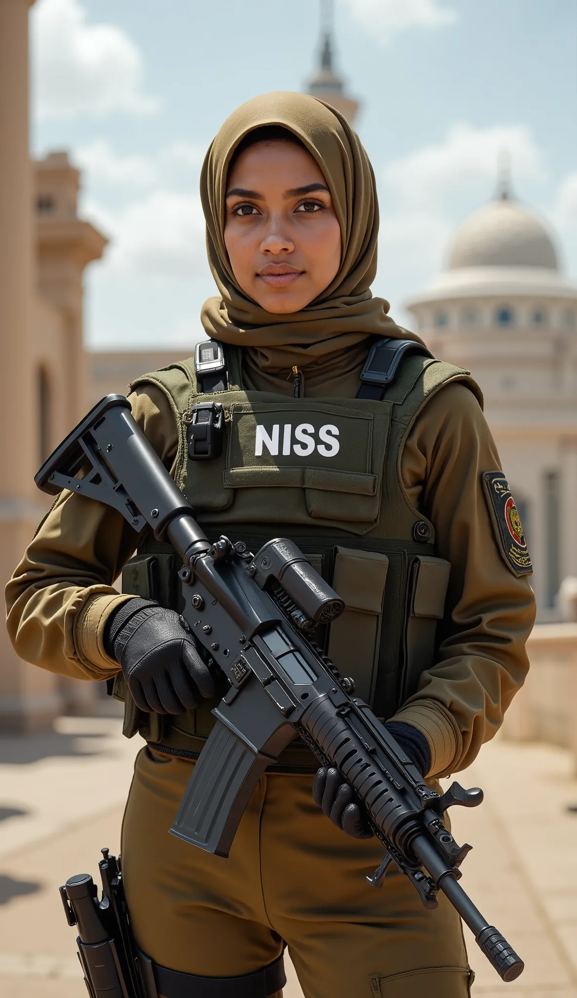 A beautiful and resolute young woman from Sudan, serving as an elite counter-terrorism officer, stands facing forward with unwavering confidence. Her elegant yet commanding presence is accentuated by her graceful features and determined gaze, embodying bot...