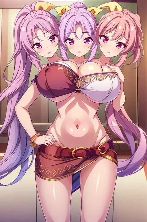 (masterpiece, best quality), best quality, (ultra-detailed), (3heads:1.5), 1girl, (watatsuki no yorihime:1.3), masterpiece, best quality, ultra quality, ultra resolution, ultra detail, dark red top, small crop top, ((stomach)), midriff, ((groin)), open mid...