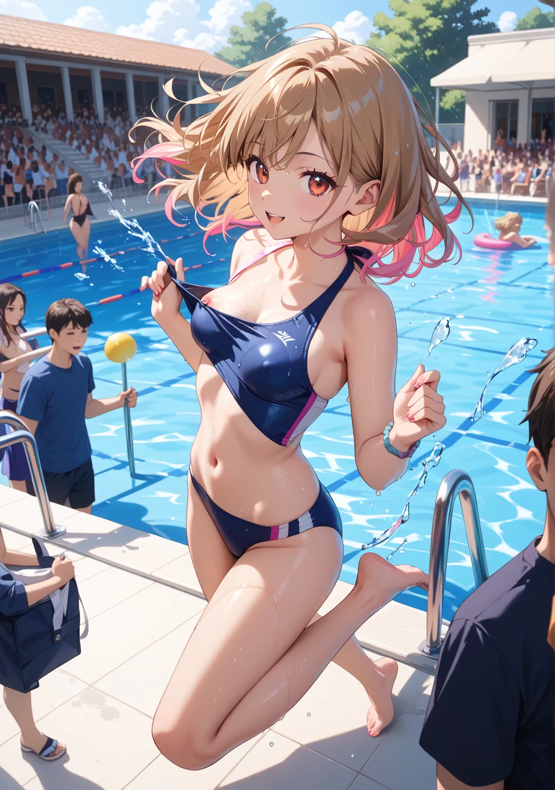 nsfw,girl,glamorous,straight hair,medium hair,,light brown hair,brown eyes,One breast is coming out,One nipple is coming out,crowd, pool,swimsuit,water slide,crowd,bikini,jumping,full body,colored inner hair,wet hair, water splashes 