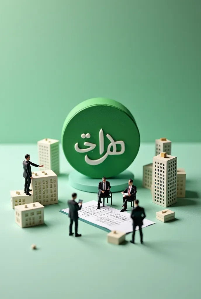 
	2.	Tiny Business People Around the Logo
“A miniature business meeting scene around the green logo and Arabic text. Tiny figures in suits are discussing real estate plans with blueprints and small buildings around them. The logo is the centerpiece, remain...