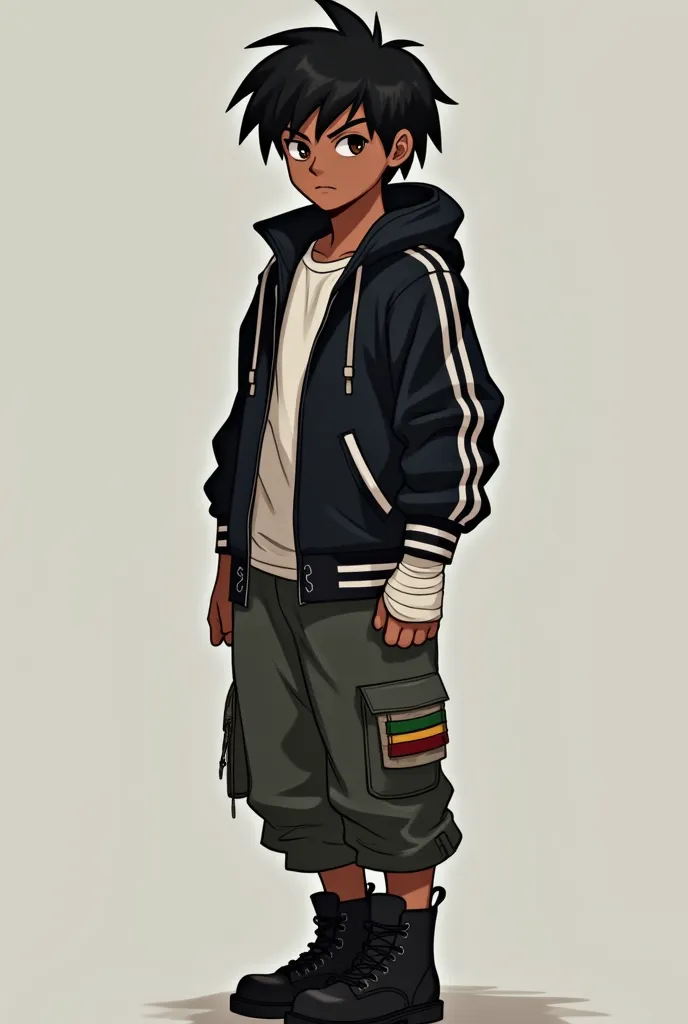 A brown boy of about 19 years old with messy black hair and rebellious dark brown eyes with a cold but calm look. Arms a little thin but athletic, with white bandages on his hands, wearing a black jacket with white lines, military-style pants with colored ...