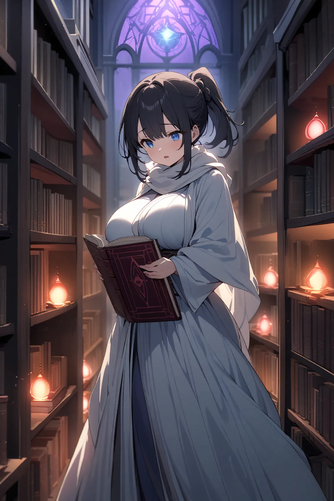 A girl reads a forbidden book of magic in a sealed magic library。The library is dim、illuminated by eerie blue and purple light。and ancient books are lined up on the huge bookshelves、there are shining magic groups and spells floating in the air。holds an ope...