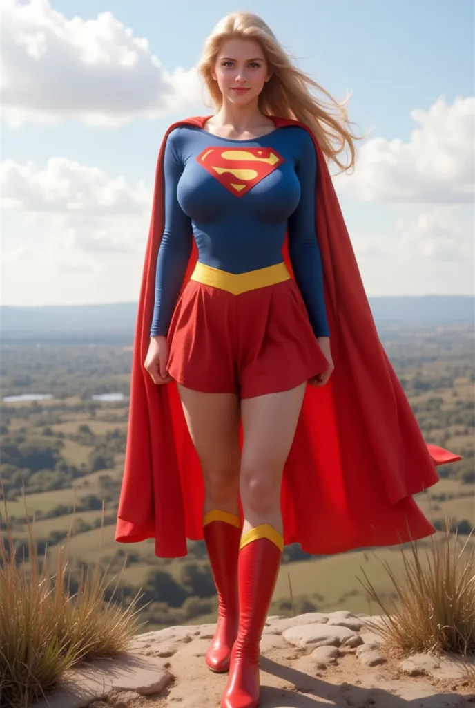 A busty blonde Supergirl with long, soft hair. She wears the iconic Supergirl costume from the 1984 movie. She heroically stands on a windy hilltop as her feet dangle freely. She wears a long red cape that billows in the breeze. The long, floor-length cape...