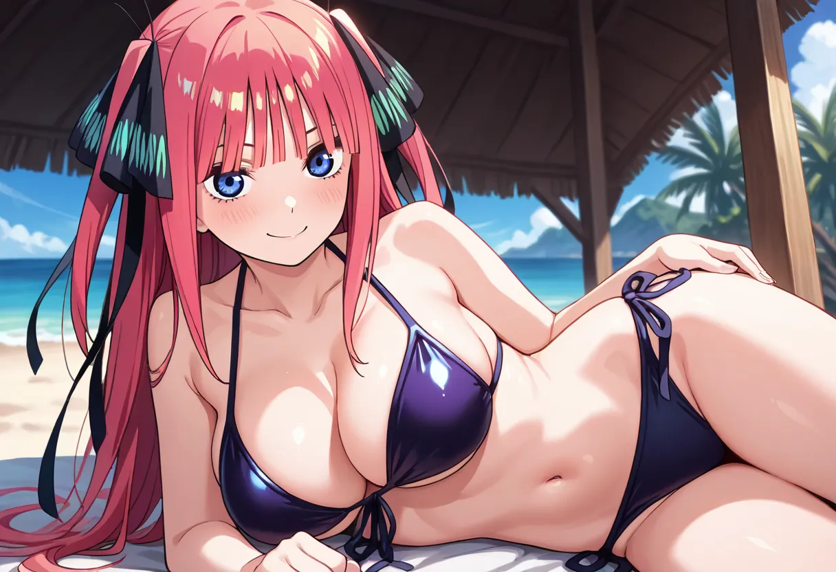 1girl, large breasts, smile, bikini swimsuit, Nakano Nino