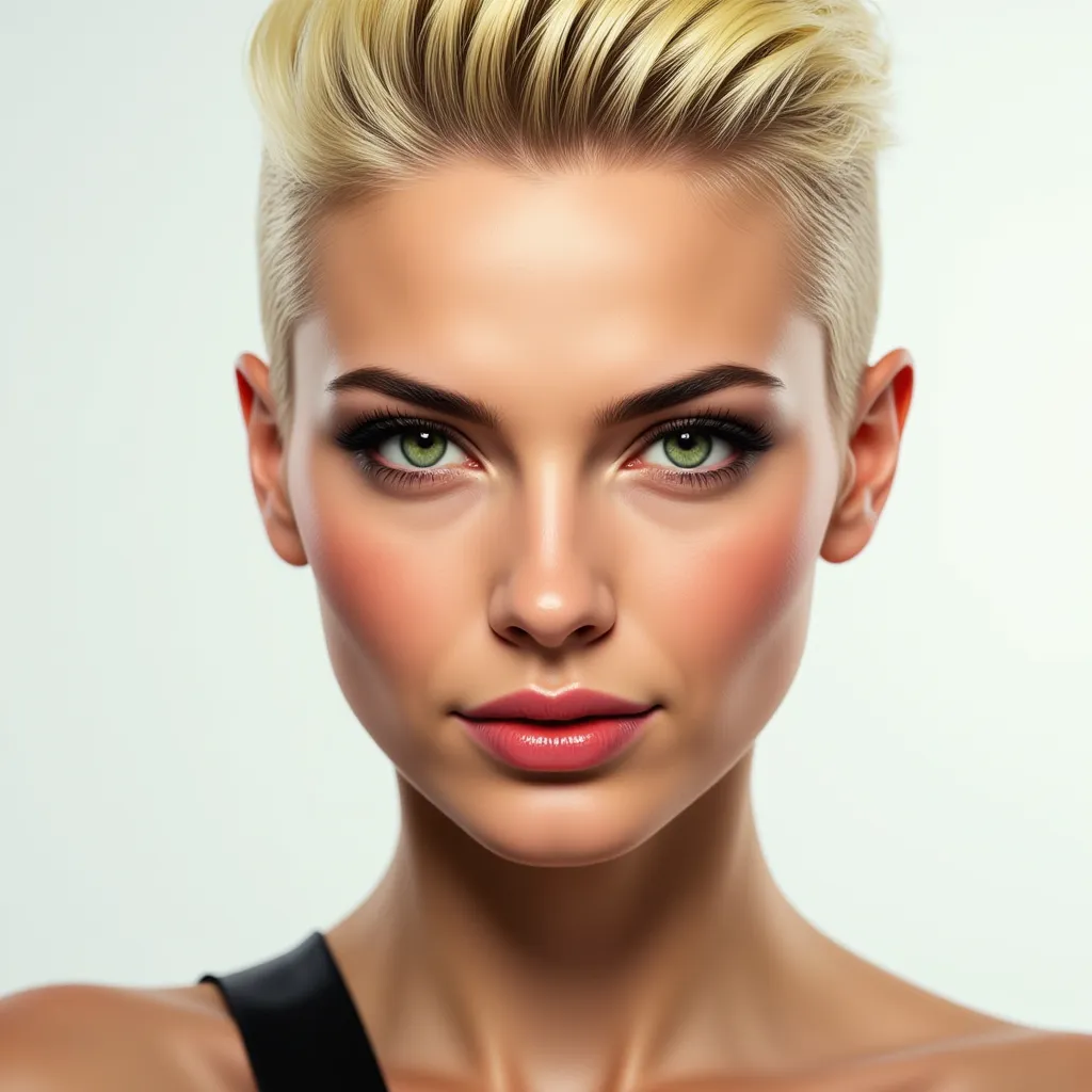 A face of woman with  blonde buzz cut hair green eyes 