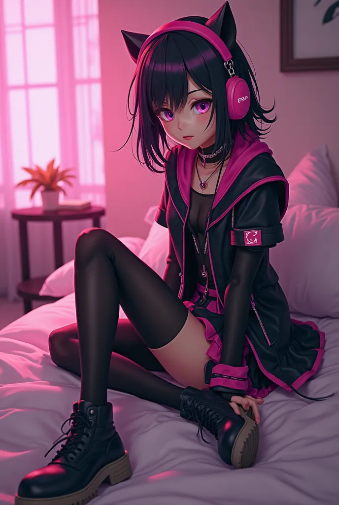 anime style girl in black and pink costume sitting on the floor,  cyberpunk art inspired by Leng Mei, CG Societyでトレンド, what is it？, anime girl cosplay, tits cyberpunk, Ayaka Cosplay,  trending at cgstation sitting on bed , Anime Cosplay, Amane Kanata,  lie...