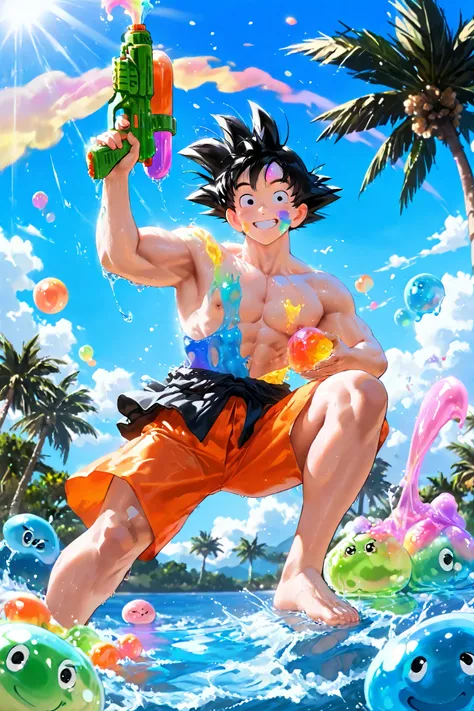 Goku, (8k, HD), 1 boy, alone, short hair, black hair, spikey hair, muscular, black eyes, shirtless, orange summer shorts, pleasant smile, close view, perfect face, beautiful face, at Indian street crowdy, looking at viewer, barefoot, wind, palm trees, clou...