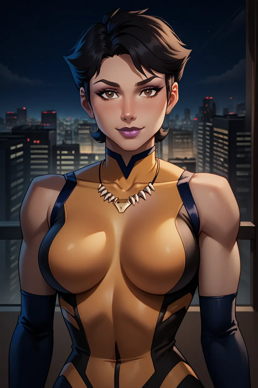 black hair, brown eyes, short hair, dark-skinned female, lipstick, purple lips, large breasts, (vx_hero, tooth necklace, turtleneck, elbow gloves, yellow bodysuit, bare shoulders, skin tight, superhero, sleeveless, impossible clothes, leotard, unitard),  l...