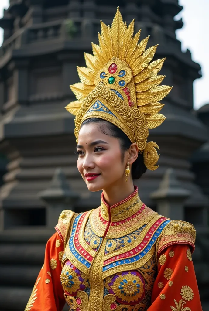 a woman wearing a traditional Balinese costume, which includes an elaborate gold headdress and an intricate colorful outfit with gold embroidery. The outfit is commonly associated with Balinese dance,  CEREMONY , or wedding,borobudur temple background.