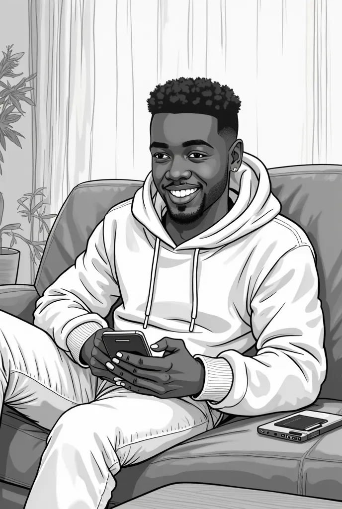 1) black and white line storyboarding of Smith, a young Nigerian man with a rich brown complexion and short, neatly trimmed hair with an oversized hoodie lounged on his couch in an oversized hoodie. His laptop rested on his thighs as he scrolled through mo...