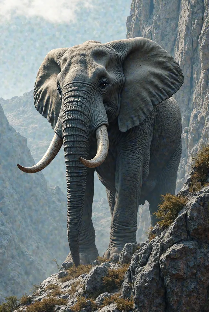 An elephant is trapped on a mountainside . Full 4K as realistic as possible