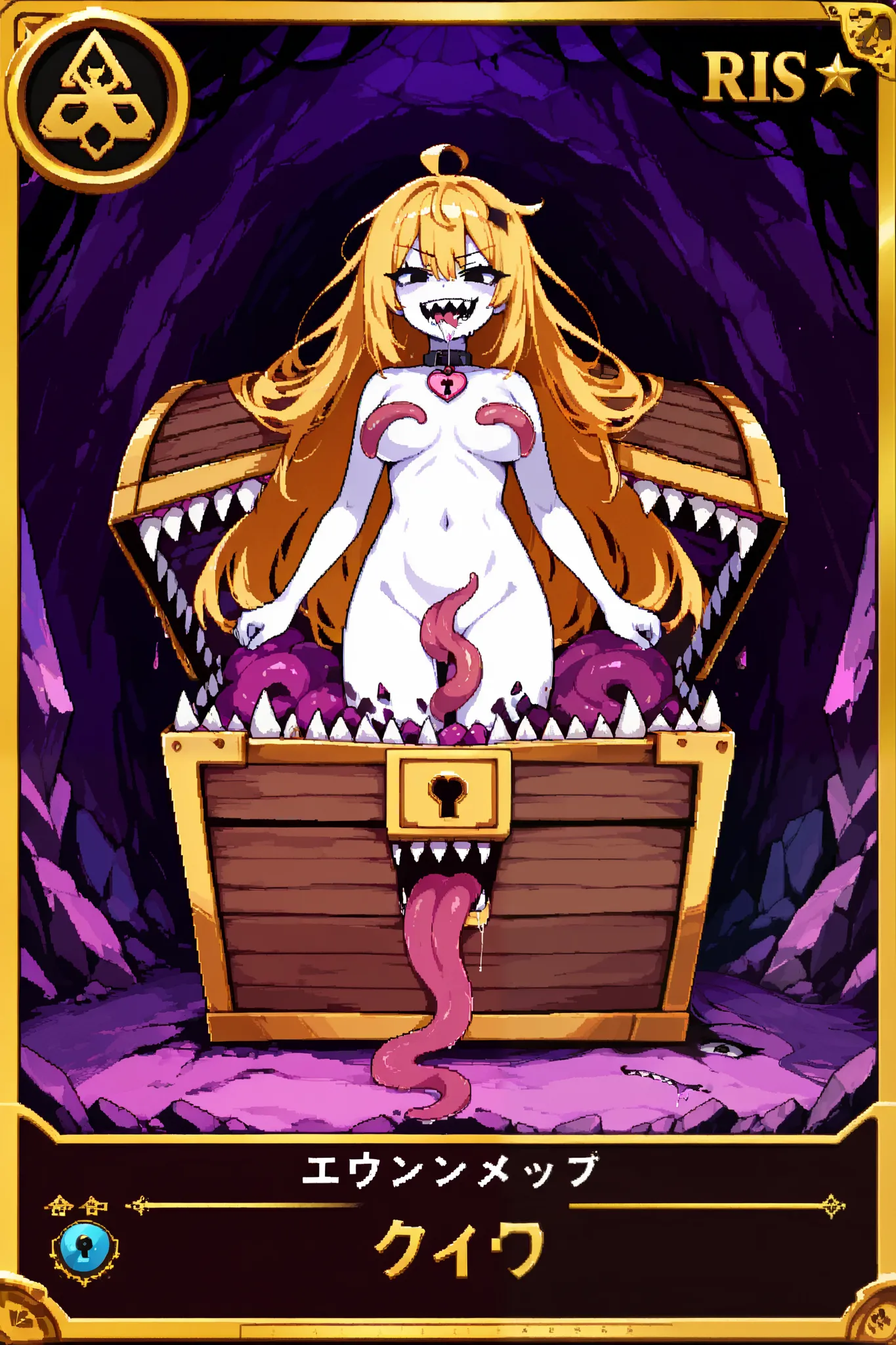 score_9, score_8_up, score_7_up, source_anime, 1girl, solo, pixel art, playingcard, elite rank icon, E, trading card, card_(medium), RPG mimic, mimic chest, mimic girl, monster girl, white skin, treasure chest, full body,sharp teeth, big teeth , saliva,mon...