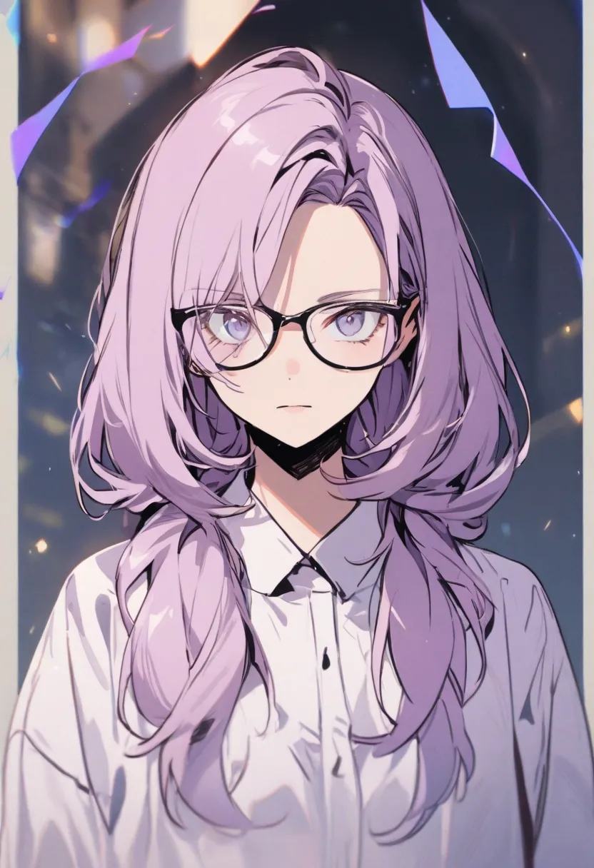 A girl with lilac hair and eyes, who wears glasses and has an apathetic and serious appearance. 