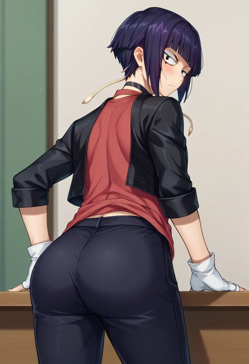 score_9 , score_8_up , score_7_up BREAK jirouSDXL , 1 girl , short hair , dark purple hair , black eyes , shirt , gloves , jacket , open clothes , choker , pants , white gloves , fingerless gloves , open jacket , black jacket , black pants , red shirt , ji...