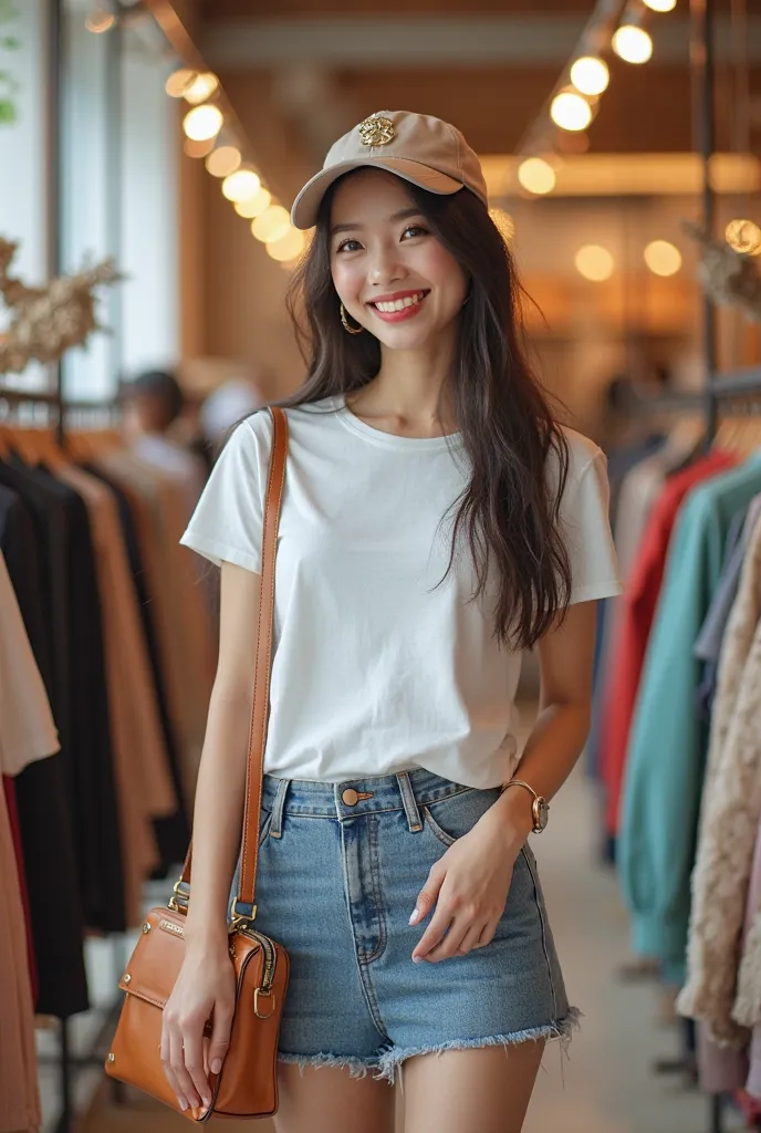 A beautiful sexy Asian girl wearing a short skirt, white t-shirt, and a baseball cap is standing in a clothing shop, holding a fashionable handbag in her hand, smiling.