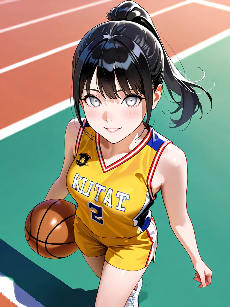 Masterpiece, newest, vibrant, very aesthetic, high contrast, mature woman, hinata hyuga, black hair, pony hair, straight hair, high ponytail long hair, white eyes, yellow thight basketball team uniform, yellow thight basketball team short pants uniform, wh...