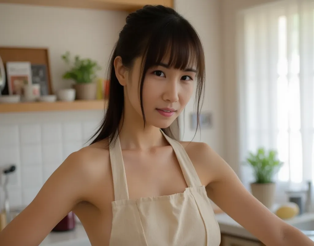  full body shot、(Real, Photo realistic), 1 girl, Asian, ponytail , I'm going to flip through Apron, Standing, In the kitchen, see here、apron、 full body shot、taken from the side、 full body shot、Completely nakedエプロン、Shoot the whole picture、、 full body shot、s...