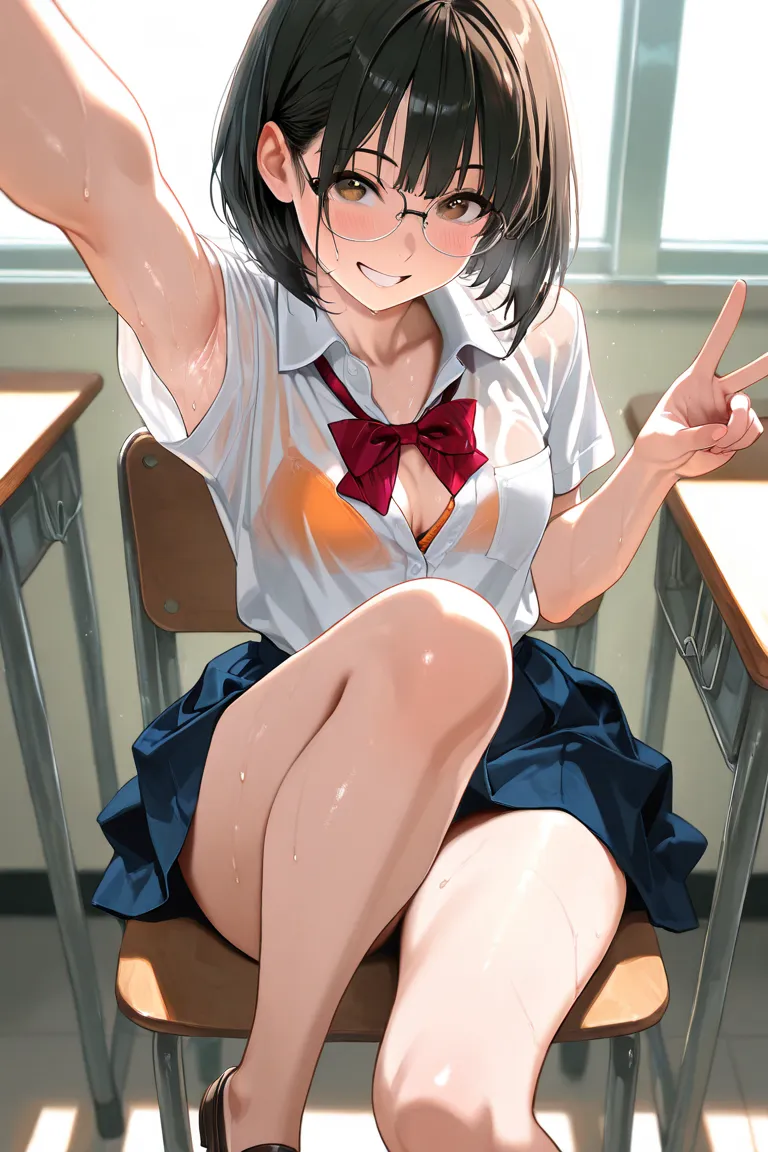 masterpiece, 8k, school, shoes, bare feet, bob hair, black hair, high school uniform, short sleeves shirt, ribbon tie, glasses, (sitting:1.5), 1girl, sweaty armpits, thin chests, small breasts, cleavage, close-up body, Dynamism, unrealistic beauty, enchant...