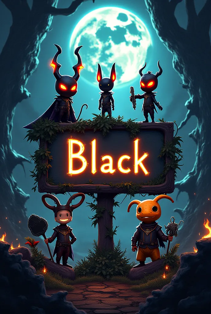 I want a sign with the characters of Hollow Knight around it and in the center the name black 