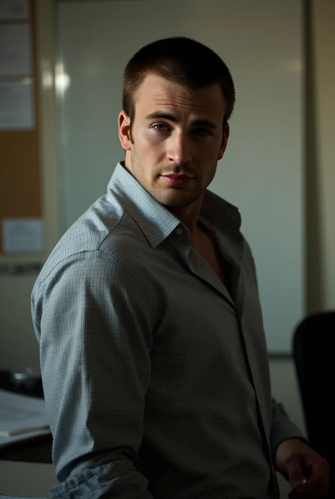 ((Chris Evans)  taken with a Canon EOS R5 , In a human behavior office, half body,  casual wear