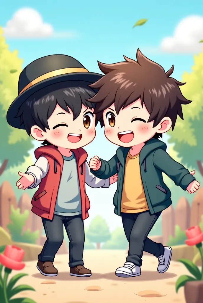 Two male friends together, both have short frizzy and wavy hair, You wear a hat but your wavy hair covers your eyes, The other one wears a cheek patch, Anime chibi version 