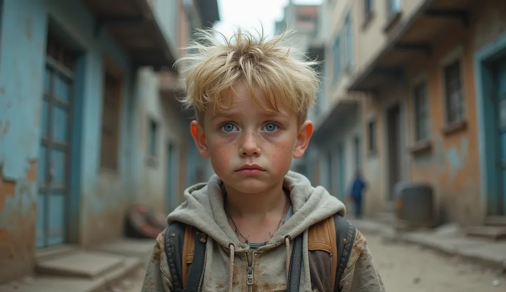 "A young boy with messy blonde hair and striking blue eyes stands in a run-down urban alleyway. His face is smudged with dirt, and his expression is a mix of sadness and determination. He wears a worn-out hoodie with a tattered jacket over it, showing sign...