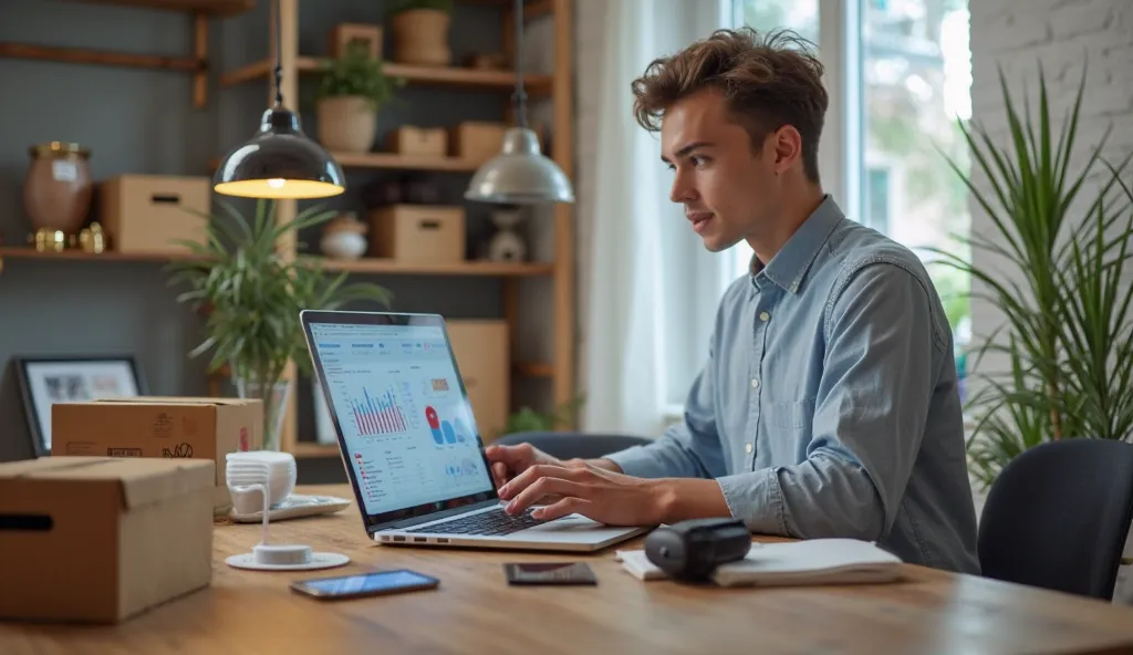 "A young entrepreneur in a stylish home office managing an online business. The laptop screen shows live sales analytics, with packaging boxes, a barcode scanner, and a smartphone displaying e-commerce orders."

