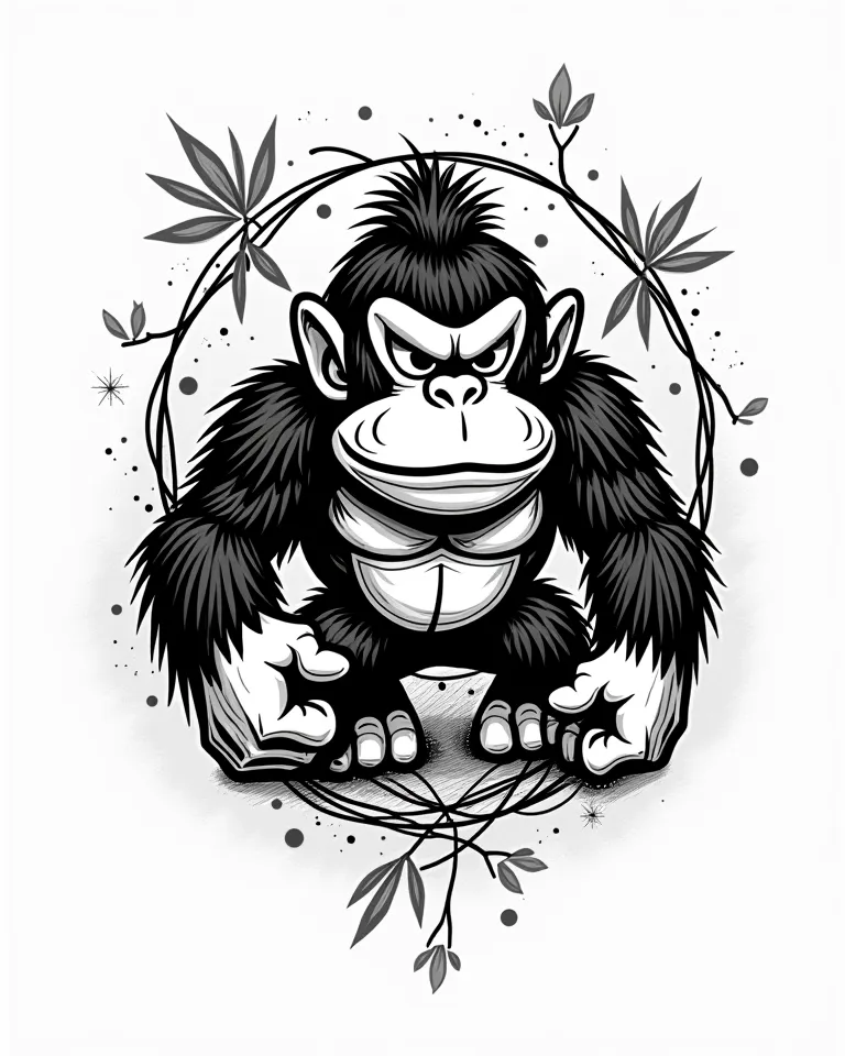 Sketch style tattoo design, scribbled, de donkey Kong country, black lines, scribbled, therefore, hachura, lineart, pointillism, 