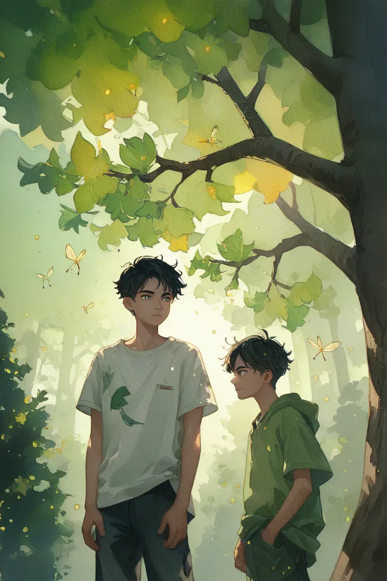 Two young boys with black hair, wearing white, they are standing (Medium proximity), behind them one big tree with light bulbs dangling on the tree, and fireflies are rooming around. Dream aesthetic, green lights, sketchy, watercolor, artistic. 