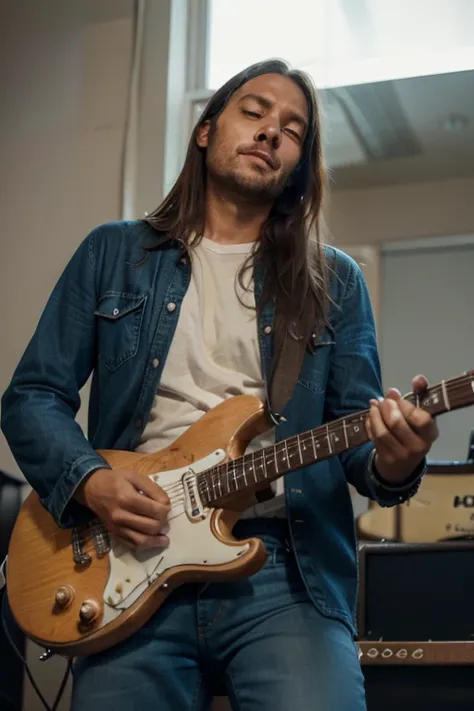 "A 39-year-old man with slightly long hair playing an electric guitar. He wears a cream long-sleeved shirt with two chest pockets, faded blue jeans, and leather bracelets on his wrists. His face is facing forward, showing a deep and emotional expression as...