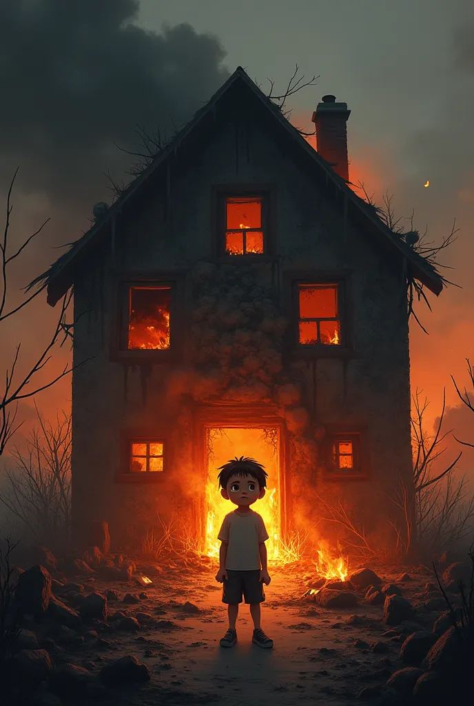 A house of  s boy is destroyed by fire he is upset