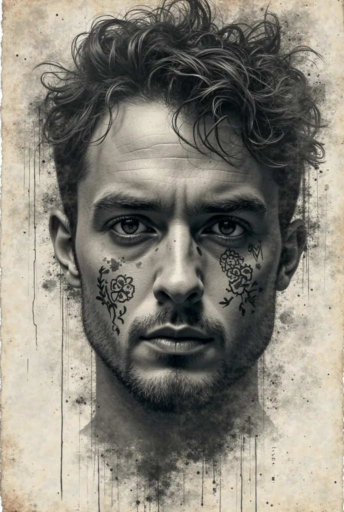 I want a picture that consists of designing a music cover in a modern vintage style (Modern Vintage). Here are some details about it:

 General composition : a picture of a person's face with an old paper effect with (Tattoos) or the rough printing effect ...