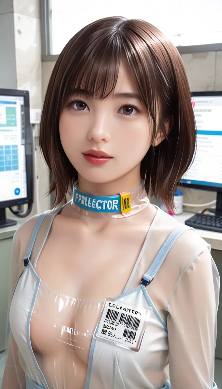 rating:questionable ,solo, (((a japanese student 15yo girl with vacuum formed polycarbonate fullbody hard protector with a clear pearlescent shine,showing detailed electronic circuits in the body,(translucent acrylic collar) , laboratory interior backgroun...