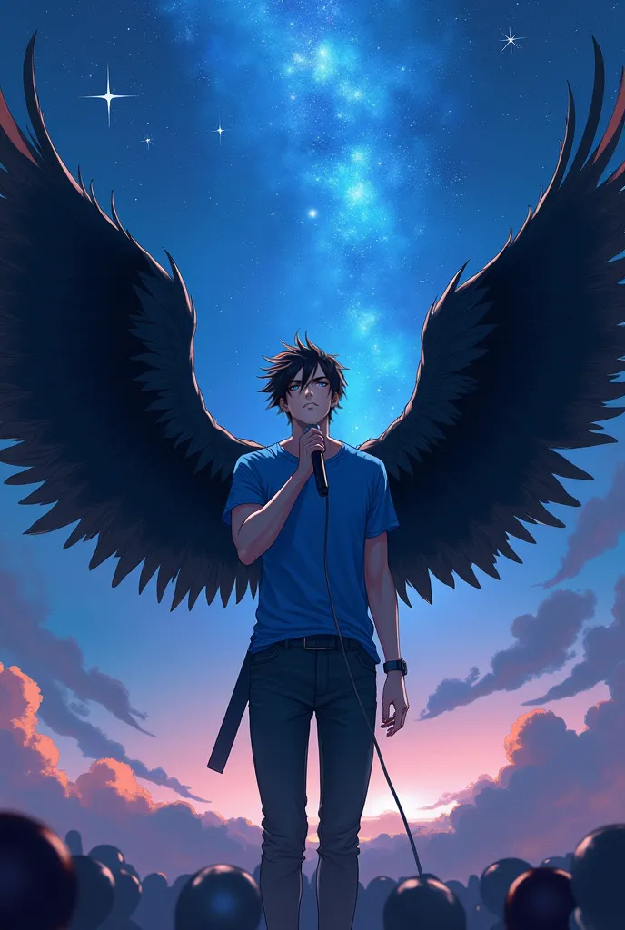 man, anime,basic,black feathers, wearing a blue t-shirt, palco de show, starry night sky, starlight, flying on stage with microphone in hand 