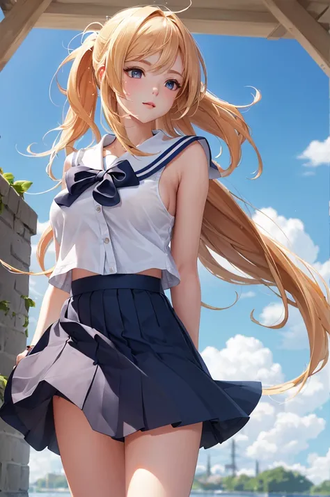 (best quality,High Resolution,8k,Detailed Background,masterpiece:1.2),beautiful girl,shiny golden hair,ponytail,  beautiful brown eyes,best quality,Aesthetic and aesthetic:1.2,Best Details((very well detailed))(   high definition CG illustration),sailor su...