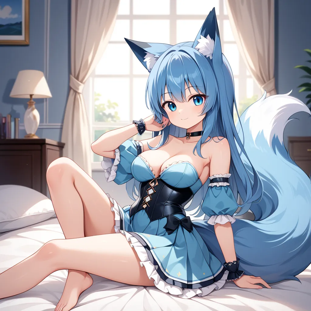 {best quality}, {very aesthetic}, {ultra-detailed}, {best illustration}, {masterpiece}, {detailed beautiful eyes}, {extremely detailed}, nsfw, cute female , (Fluffy fox ears, Fluffy fox Tail, :1.2),corset dress, big  breasts,bedroom:1.4), (loli, little, ul...