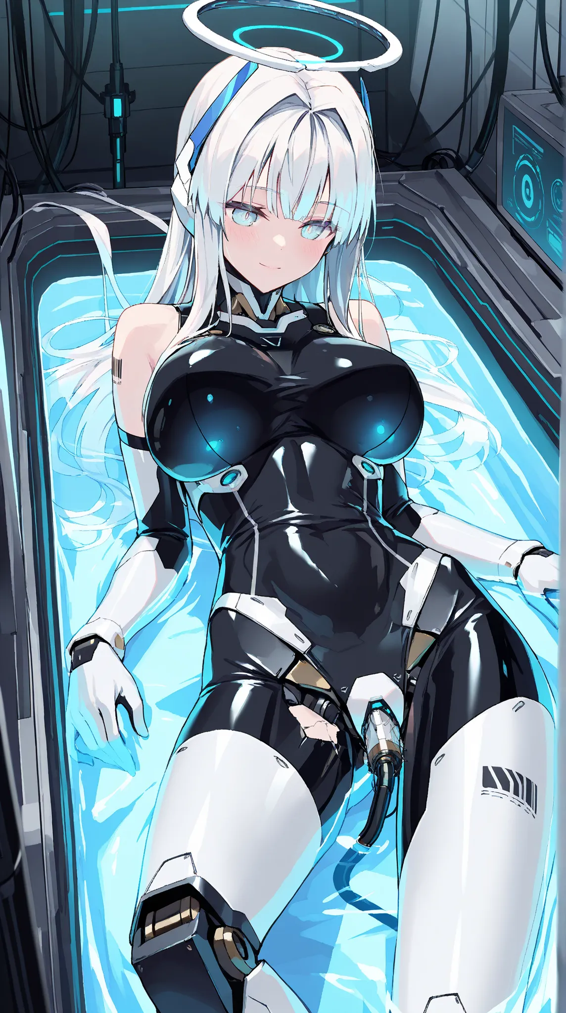 android, cyborg, highres, beautiful, machine_girl, broken, damaged, broken body, mechanical parts, masterpiece, game cg, young girl, hair intakes, shiny eyes, eye contact, leggings, detached sleeves, halo, masterpiece, best quality, highly detailed, bishou...