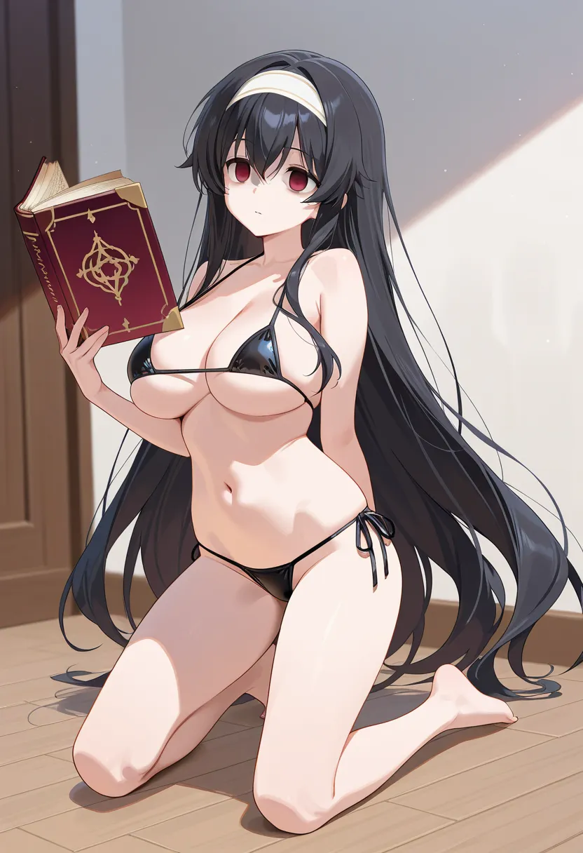 (A girl holding a forbidden book:1.5)   waiting for someone ,Wind,, large breasts, Kunishiro Miyabi (Girl Friend BETA) black hair, white hairband, very long hair, red eyes, micro bikini, empty eyes, full body