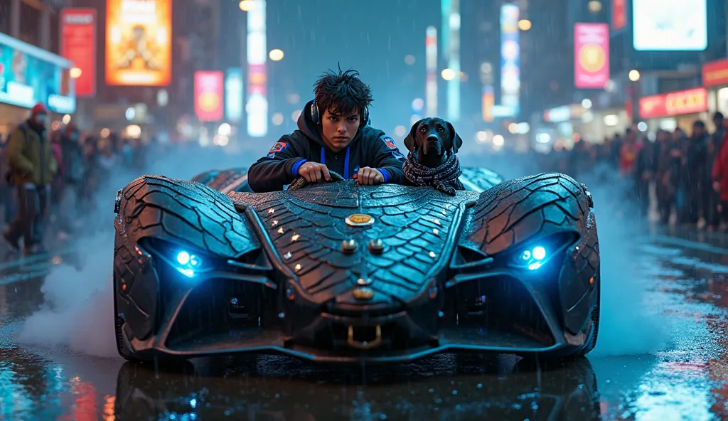 A young Italian man with shaggy black hair and glowing dark blue eyes drives the "Snake Car", a Batman-style armored vehicle with a serpentine design, through a rain-soaked cyberpunk metropolis at night. The car is large covered and features:
A sleek black...